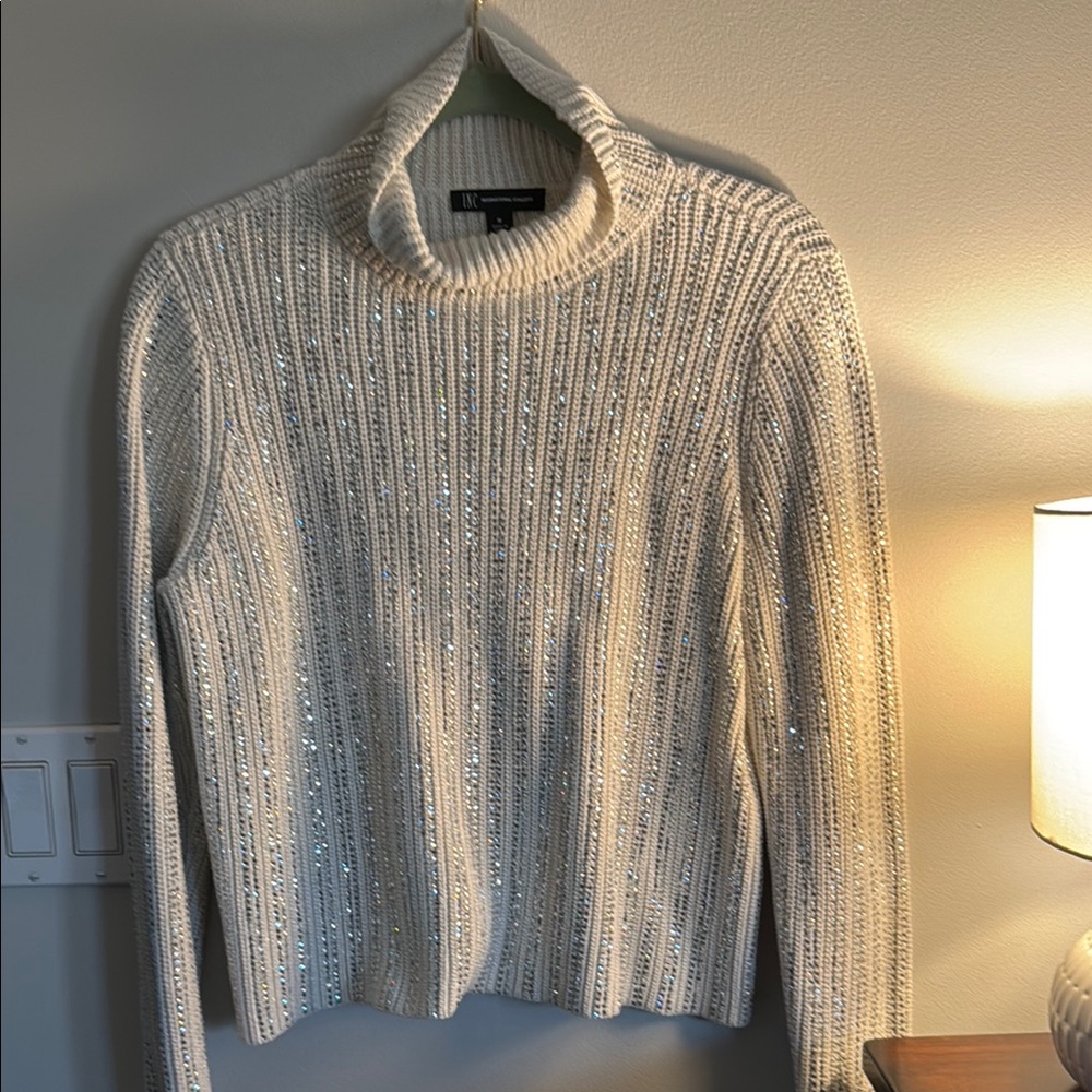 INC International Concepts White and Silver Cowl Neck Sweater